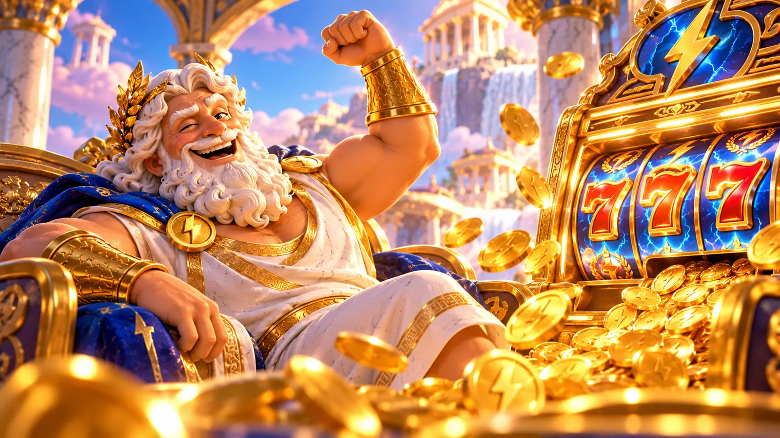 Zeus cheering beside a 777 slot machine pouring gold coins
