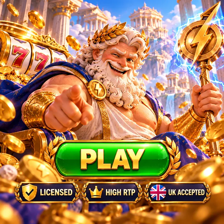 Zeus pointing at the Betmica play button