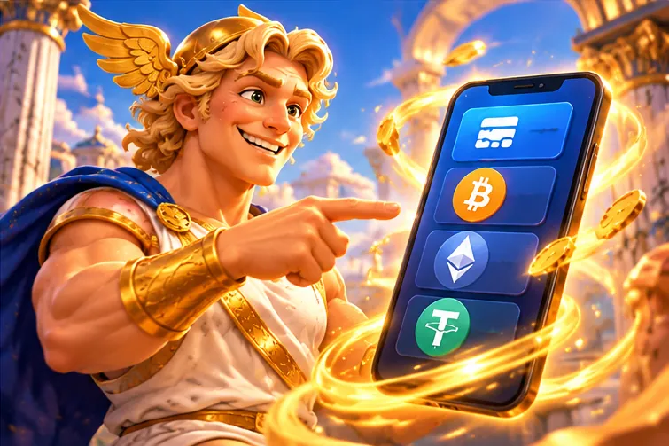 Hermes pointing at a phone showing payment options